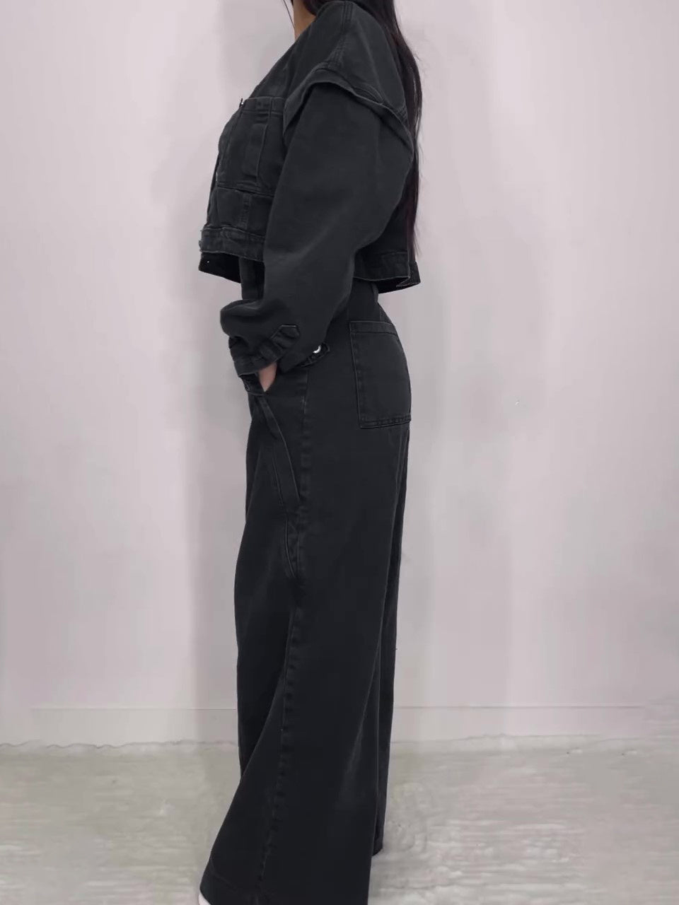 Denim Bandeau Zipper Jumpsuit & Jacket Set -