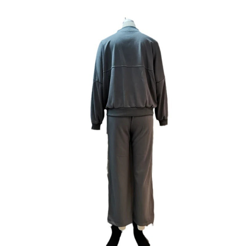 Solid Color Loose Zip Sweater Casual Versatile Trousers Suit -