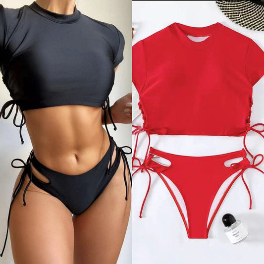Women's Fashion One-piece Solid Color Short Sleeve Swimsuit -