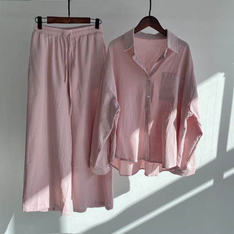 Cross-border Women's Ancient Cotton And Linen Shirt Outfit High Waist Loose Trousers -