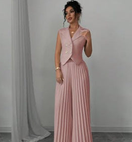 Summer Sleeveless Suit Fashion Lapel Button Vest Top And Pleated Straight Pants Women's Trousers Set Clothing JOJO Lingerie