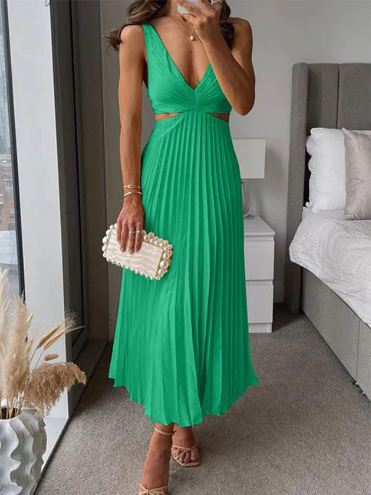 Rochie de Vară cu Curele, V-Neck - Talie Decupată, Spate Liber -