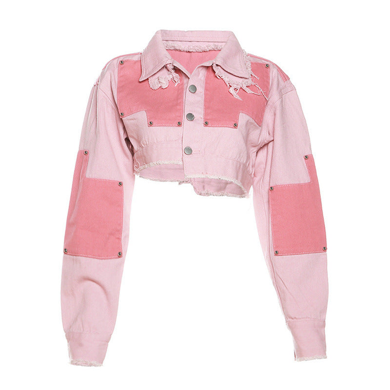 Women's Fashion Leisure Cargo Contrast Color Lapels Slim Denim Jacket -