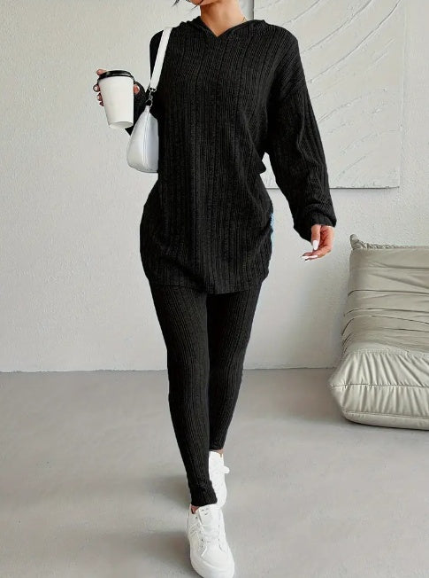 Ribbed Two-piece Set Casual Long Sleeve Hooded Top Skinny Pants Outfits -