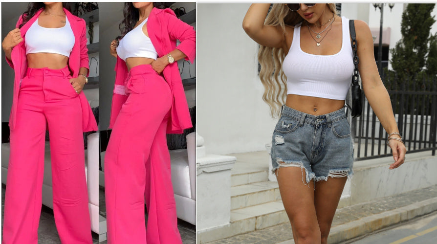 Pure Color Split Sleeve Lapel Suit Straight-leg Pants Suit Women -