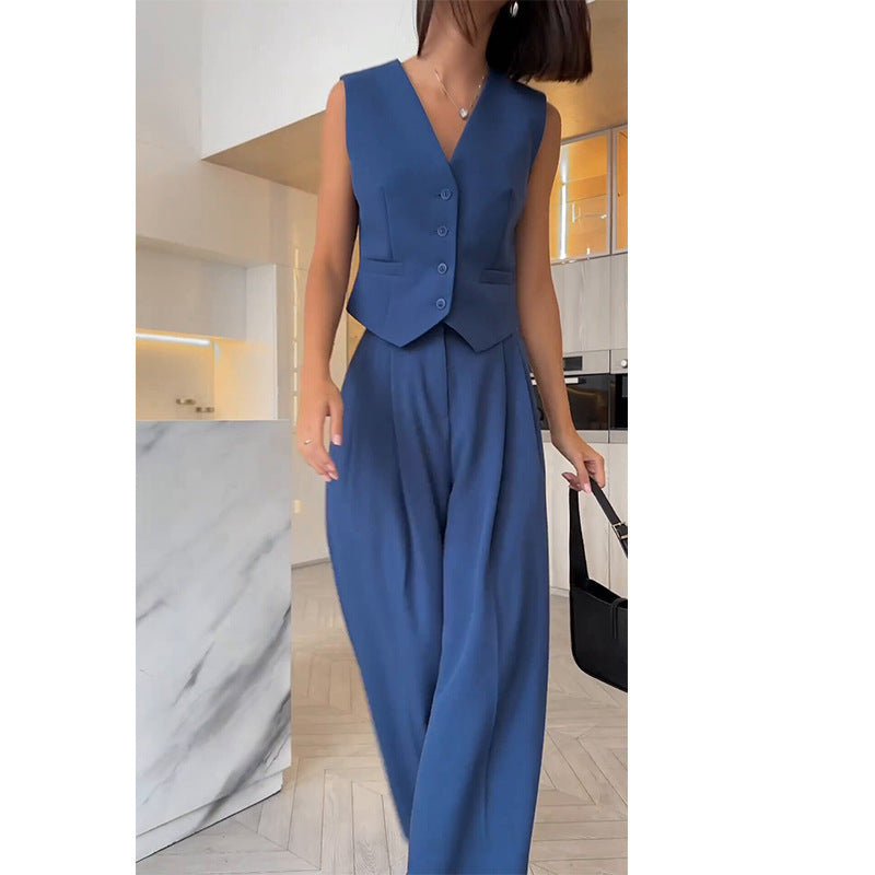 V-neck Sleeveless Waistcoat Vest Drooping Wide-leg Pants Suit -
