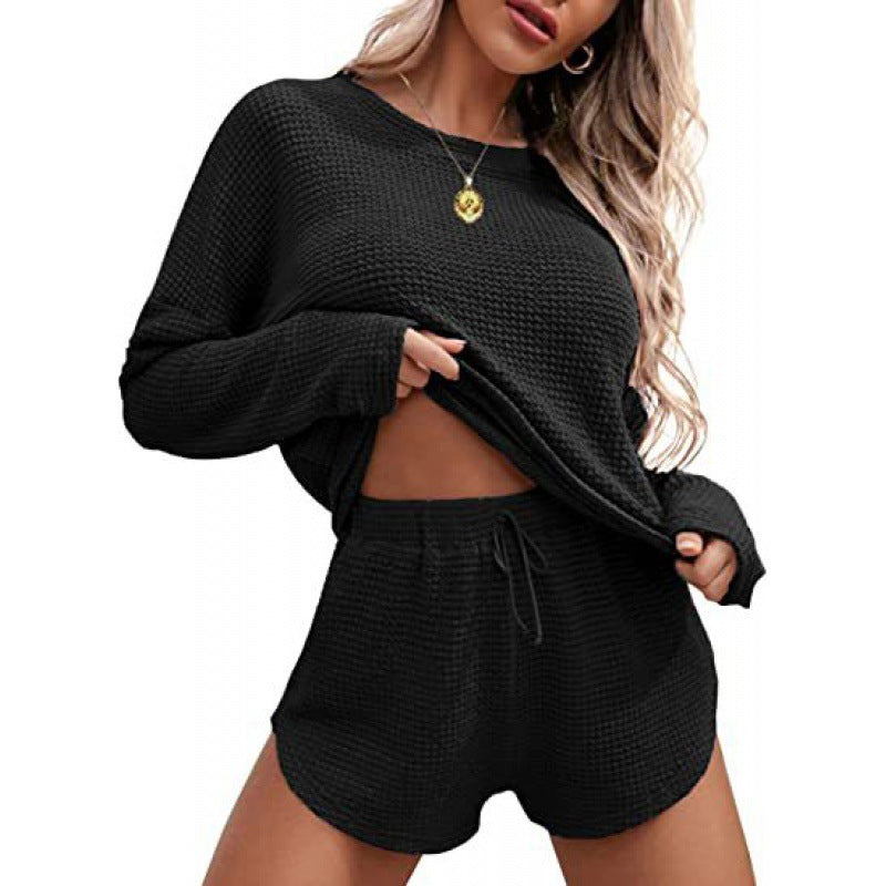 Women's Fashionable Simple Solid Color Waffle Knitted Pajama Set -