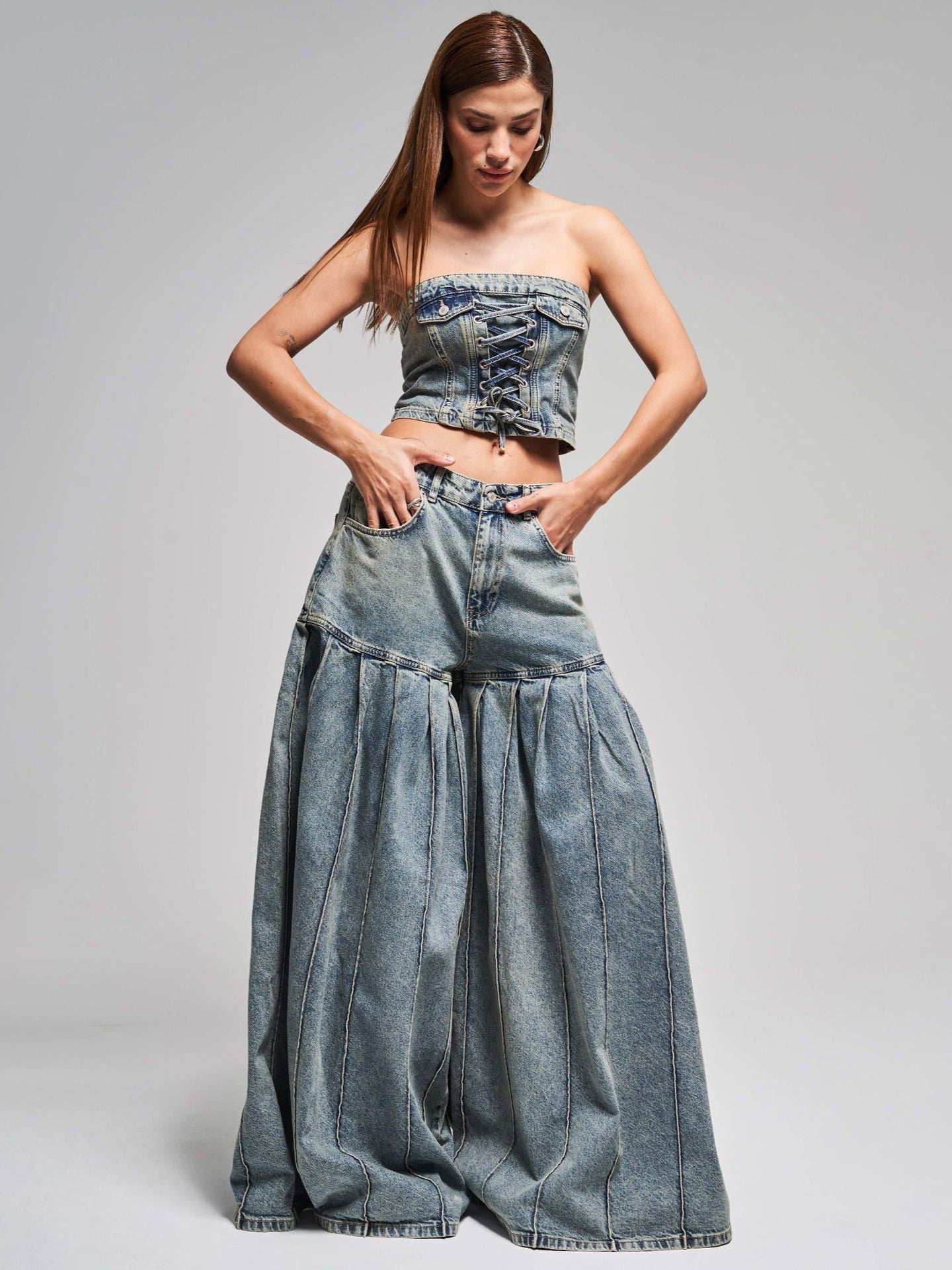 Strapless Denim Corset Crop Top & High - Waisted Pleated  Wide - Leg Pants Set -