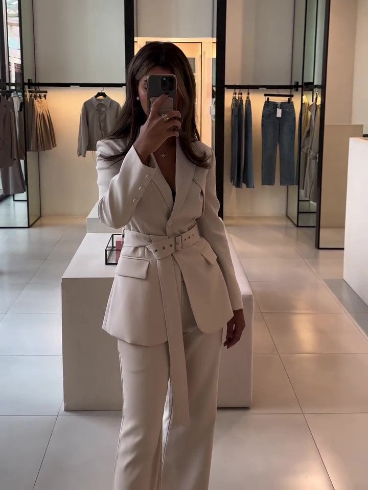 Elegant Solid Color Belted Blazer & High Waist Pants Set -