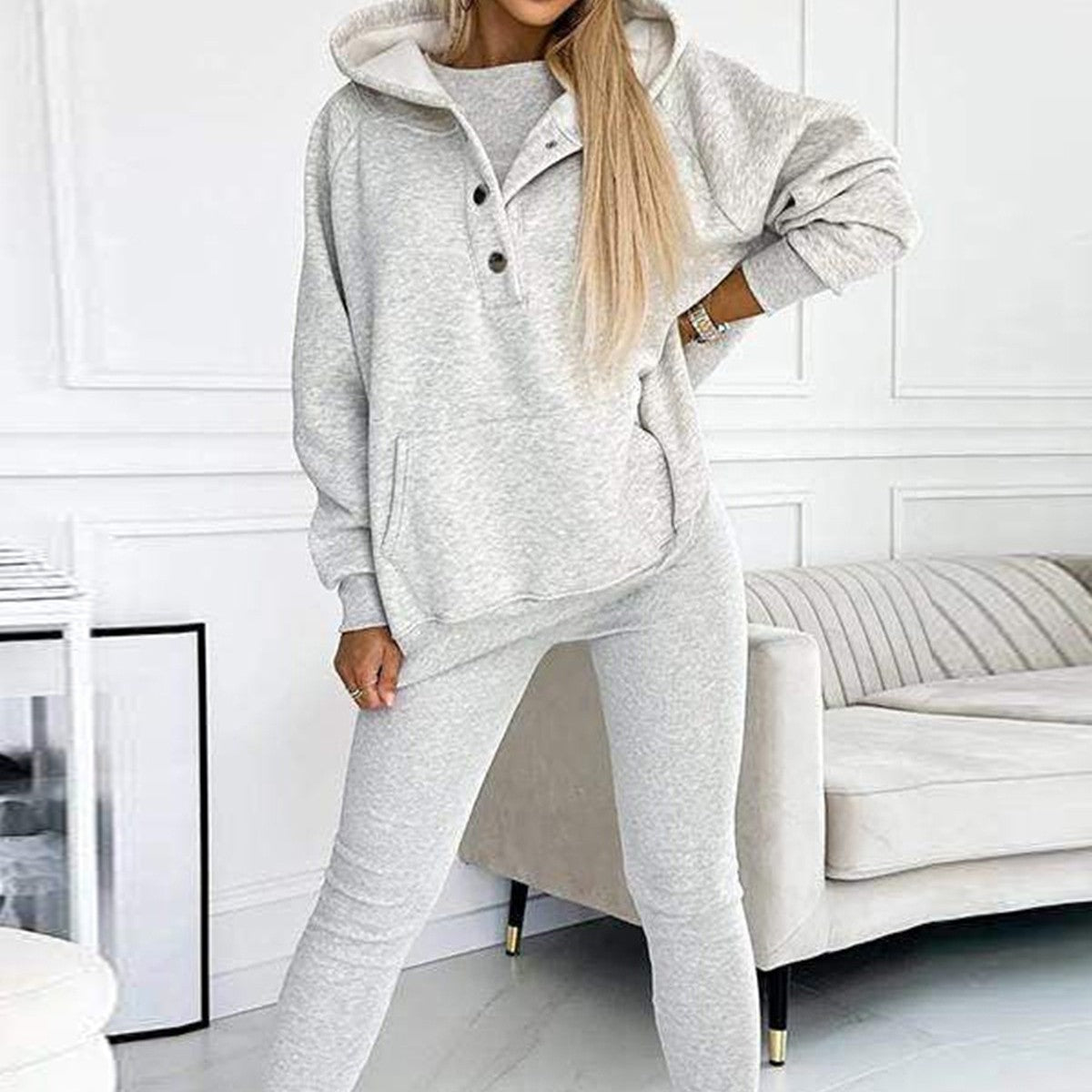 3pcs Women's Sports Suit Loose Hooded Pockets Sweatshirt And Vest And Slim Trousers -
