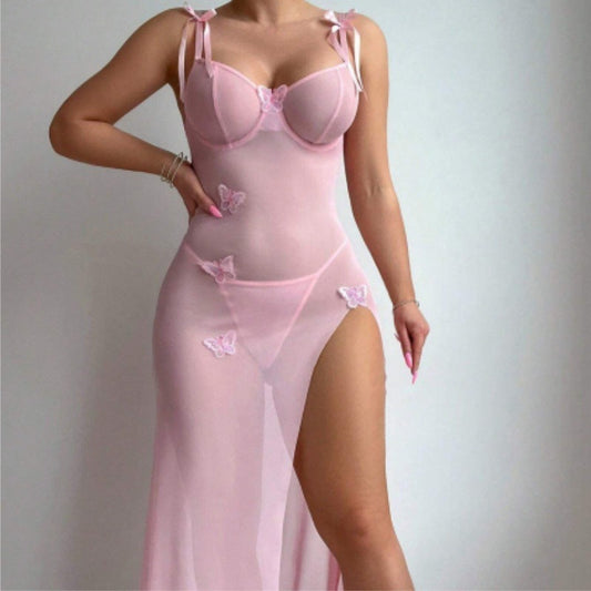 European And American Style Sexy Sheer Mesh Seduction Lace Backless High Slit Light Blue Sexy Sling Dress -