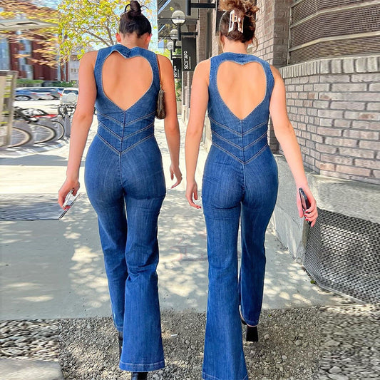 Summer Slim Heart-shape Backless Denim Jumpsuit Women Halter Neck Zip Up High Waist Panst Retro Style Clothing -