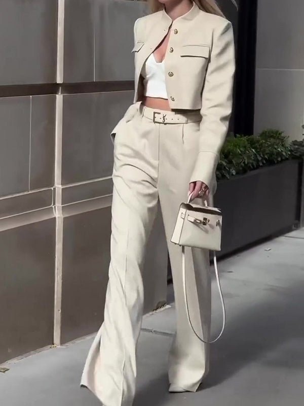 Solid Color Long-sleeved Top High-waisted Wide-leg Pants Suit -