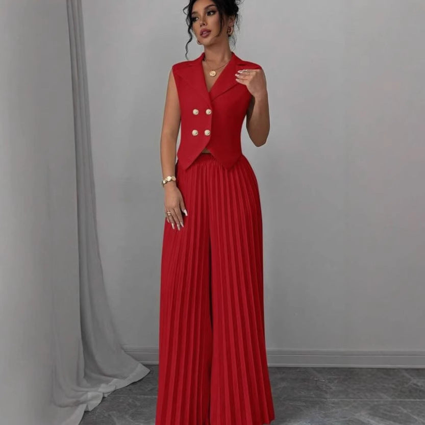 Summer Sleeveless Suit Fashion Lapel Button Vest Top And Pleated Straight Pants Women's Trousers Set Clothing JOJO Lingerie