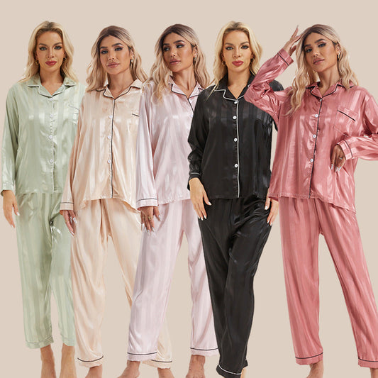 Artificial Silk Bold Stripes Long-sleeved Home Wear European And American Style Pajamas Plus Size -
