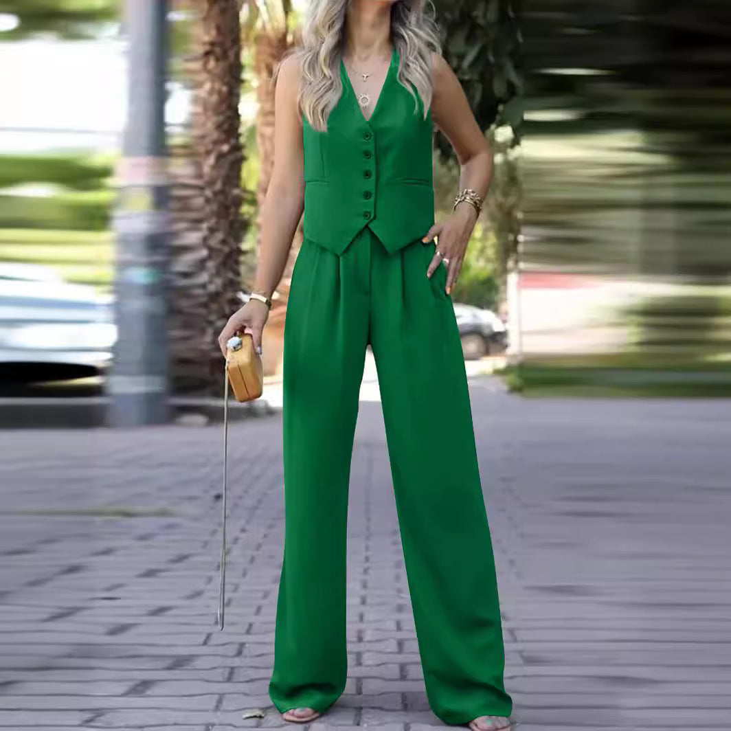 V-neck Sleeveless Waistcoat Vest Drooping Wide-leg Pants Suit -