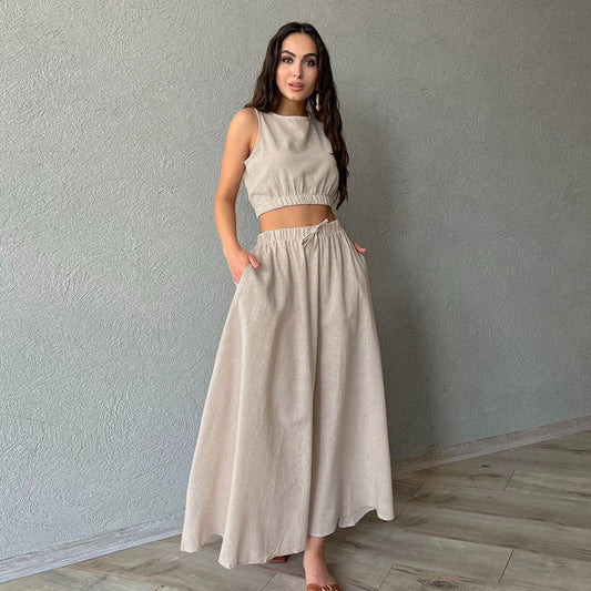 Ladies New Ramie Vest Long Skirt Casual Khaki Suit -