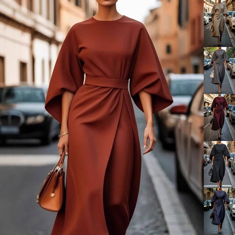 Loose Batwing Sleeve Dress Fashion Waist-tighted Solid Color Elegant Dresses For Women Clothing -