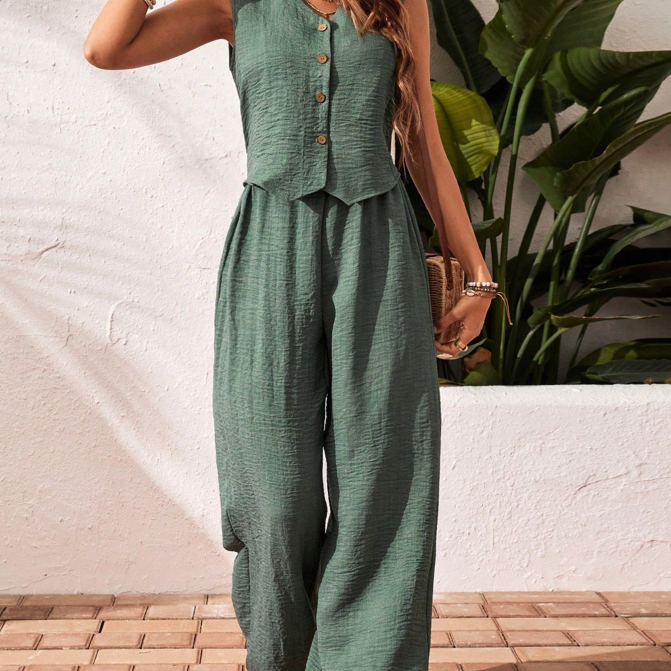 Women's Solid Color Front Button Sleeveless Blouse And Long Pants Casual Suit Set -