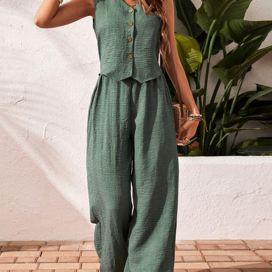 Women's Solid Color Front Button Sleeveless Blouse And Long Pants Casual Suit Set -