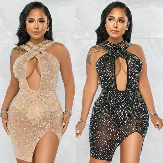 Women's Sexy Mesh Hot Drilling Nightclub Party Dress -
