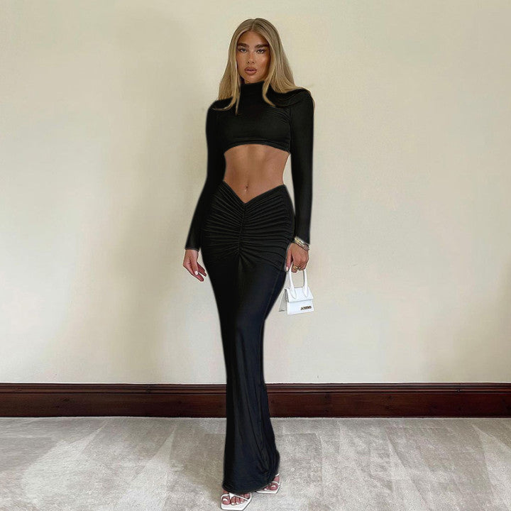 European And American Spring New Solid Color Casual Long-sleeved Turtleneck Top Pleated Dress Suit -