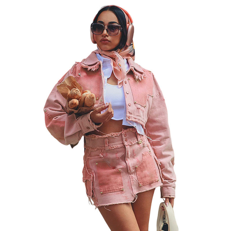 Women's Fashion Leisure Cargo Contrast Color Lapels Slim Denim Jacket -