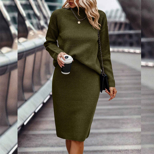 European And American Autumn And Winter Solid Color Long Sleeve Fashion Mock Neck Sweater Women's Suit -