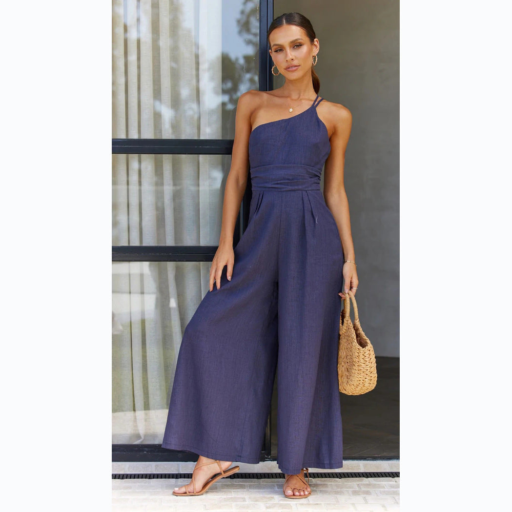 New Solid Color Loose Wide-leg Cotton And Linen Jumpsuit -