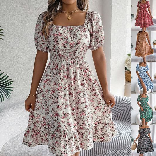 Rochie Vară Florală cu Volane și Guler Pătrat -