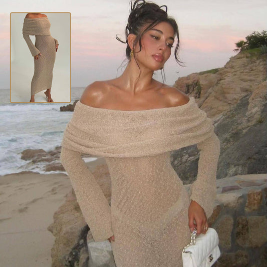 Rochie Maxi Tricotată cu Umăr Liber - Plajă, Mâneci Lungi -