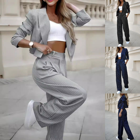 Set Primăvară Dungi: Top Cropped cu Rever și Pantaloni Drepți -