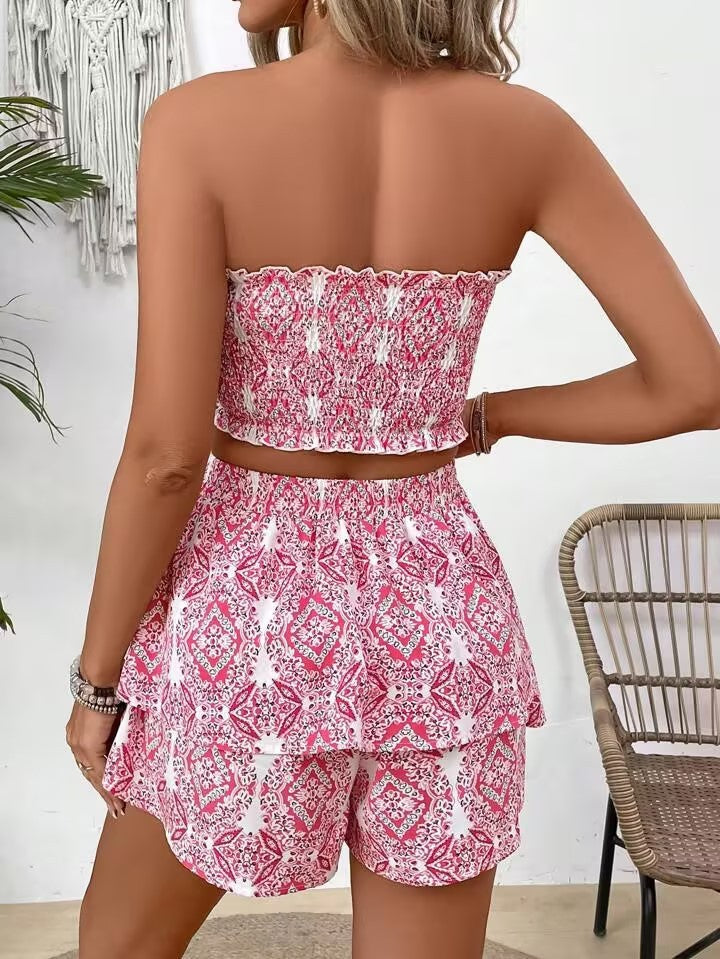 2pcs Women Holiday Floral Print Multi-Layer Ruffle Hem Set -