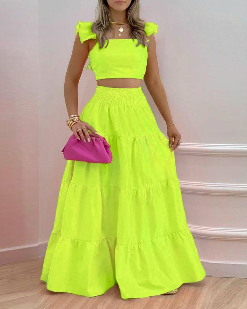 Women's New Solid Color Mid Waist Big Swing Two Piece Dress -