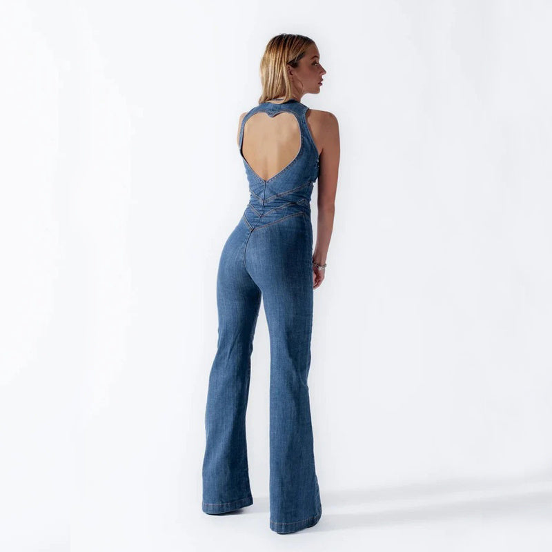 Summer Slim Heart-shape Backless Denim Jumpsuit Women Halter Neck Zip Up High Waist Panst Retro Style Clothing -