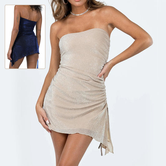 Ins Tube Top Dress With Drawstring Design Summer Backless Dresses For Women Party Club Clothing -