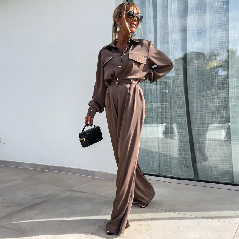 Long Sleeve Faux Pocket Shirt & Loose Trousers Two-piece Set -