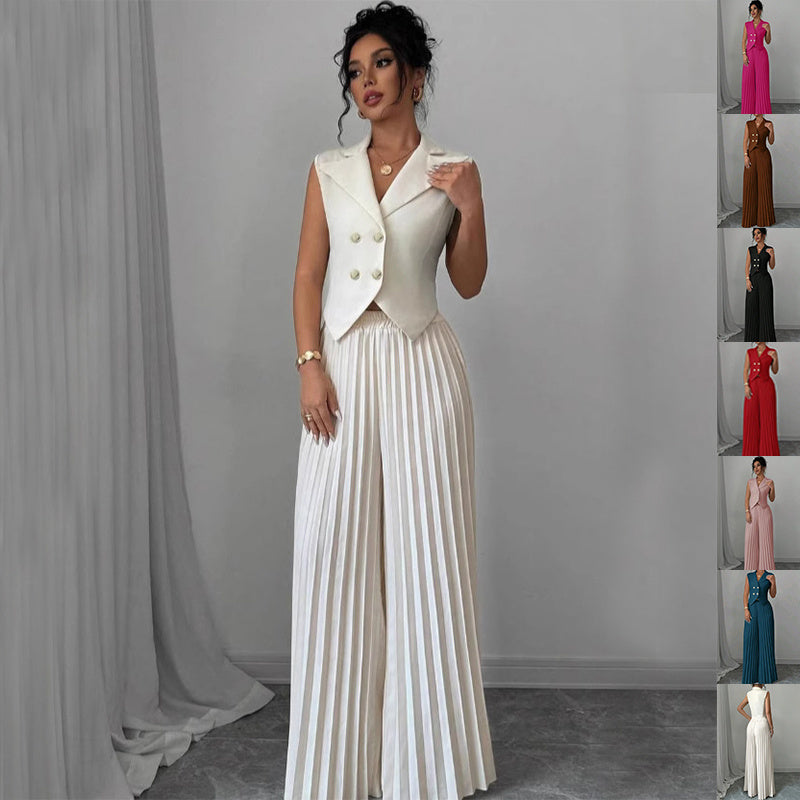 Summer Sleeveless Suit Fashion Lapel Button Vest Top And Pleated Straight Pants Women's Trousers Set Clothing JOJO Lingerie