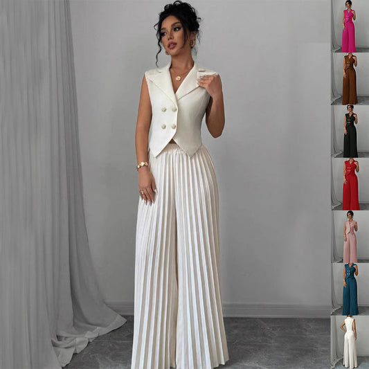 Summer Sleeveless Suit Fashion Lapel Button Vest Top And Pleated Straight Pants Women's Trousers Set Clothing JOJO Lingerie
