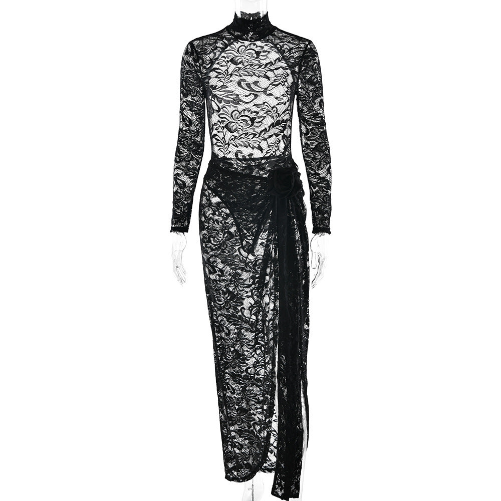 Slim-fit See-through Two-piece Half Turtleneck Bare Back -