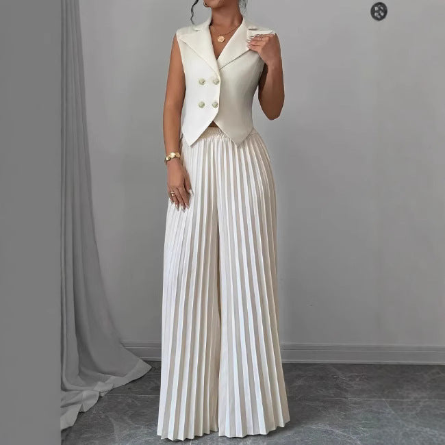 Summer Sleeveless Suit Fashion Lapel Button Vest Top And Pleated Straight Pants Women's Trousers Set Clothing JOJO Lingerie