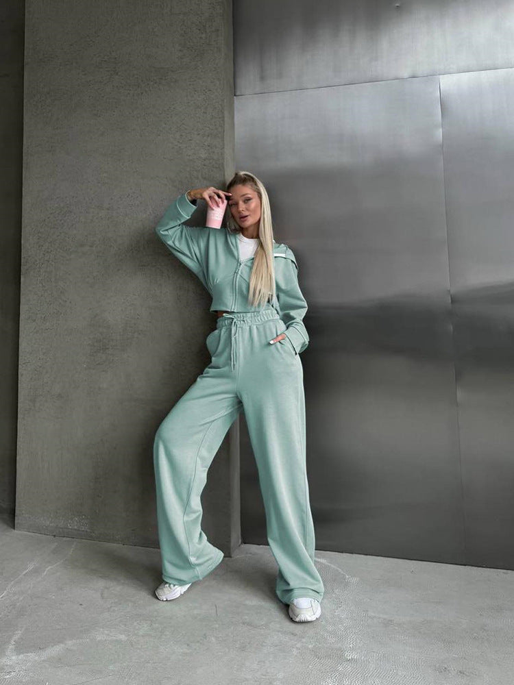 Long Sleeve Zipper Hooded Sweater Solid Color Laced Pants Two-piece Set -
