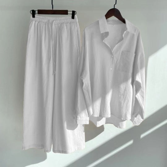 Cross-border Women's Ancient Cotton And Linen Shirt Outfit High Waist Loose Trousers -