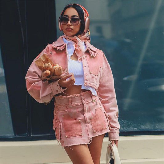Women's Fashion Leisure Cargo Contrast Color Lapels Slim Denim Jacket -