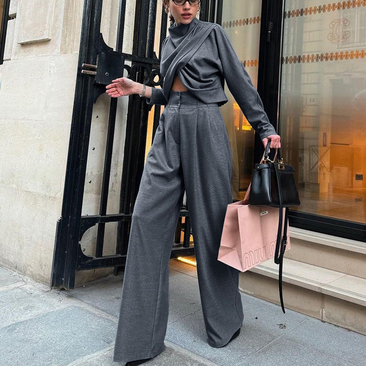 Small Turtleneck Cross Long Sleeves Top Casual Wide Leg Pants Two-piece Set -