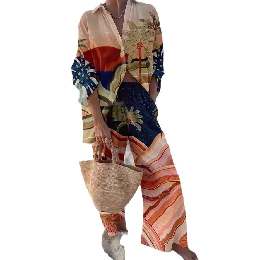 Women's Casual 3D Digital Printing Fashion Shirt And Trousers -