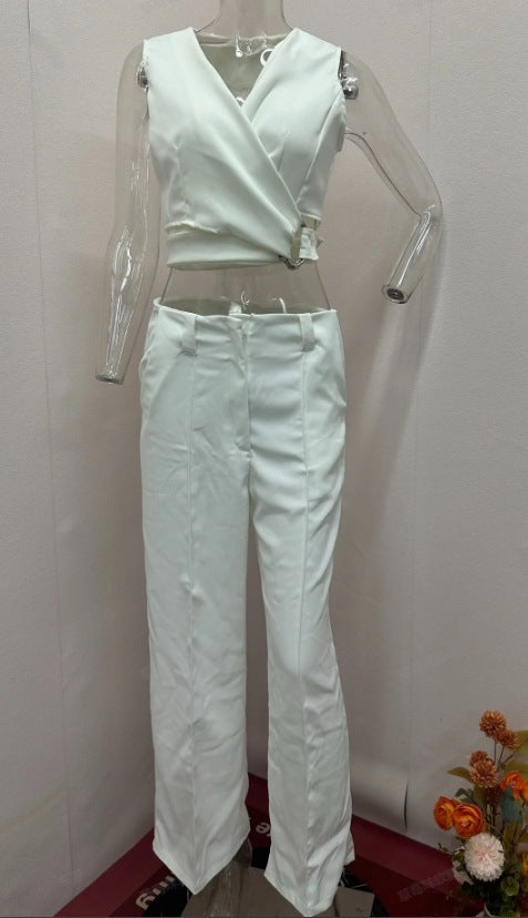 Women's Fashion Cross Slim Sleeveless Vest High Waist Wide Leg Pants Suit -
