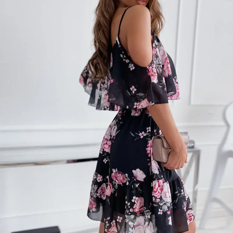Rochie Vară Off-Shoulder Volane - Bretele Suspender, Floral Romantic, Culori VII -