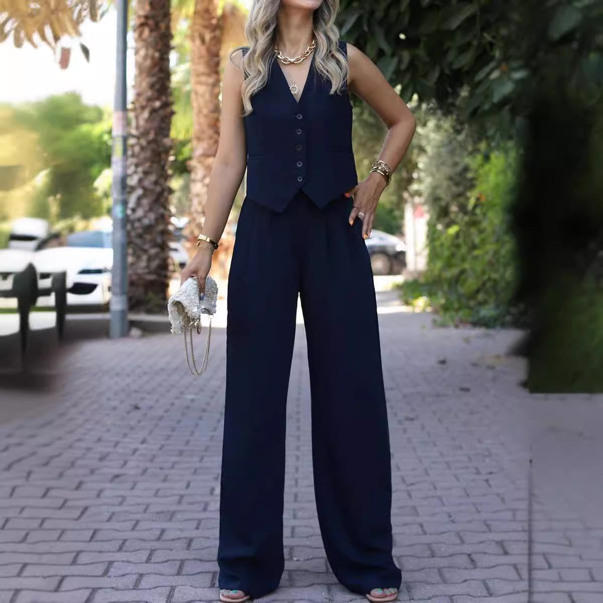 V-neck Sleeveless Waistcoat Vest Drooping Wide-leg Pants Suit -