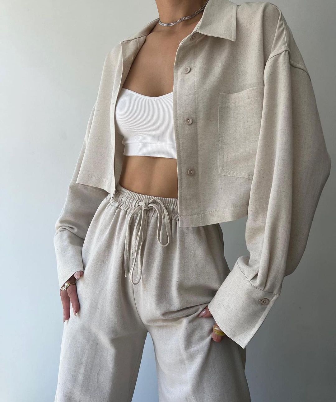 Solid Color Long Sleeve Short Casual Shirt Drawstring Pants Suit -
